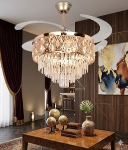 Ventilateur de plafond LED en cristal doré design avec pales rétractables, télécommande, lumière silencieuse, style lustre pour la décoration intérieure - Product Image 2