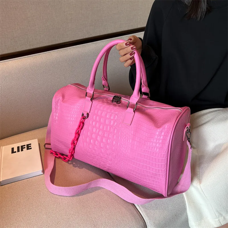 Designer luxe voyage rose week-end sac de nuit en cuir de crocodile sac de voyage femmes sac polochon sac à bandoulière étanche