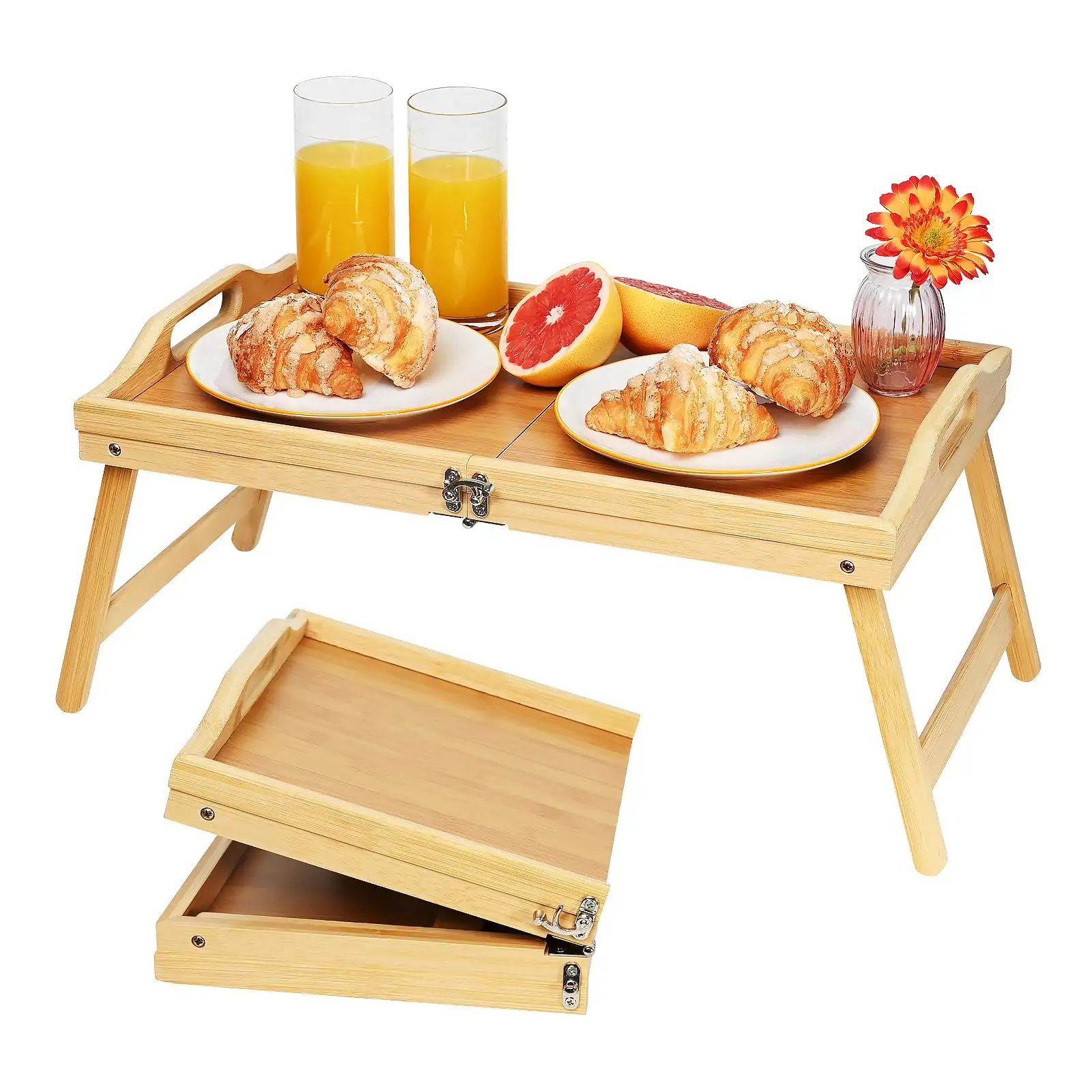 卸売竹木製折りたたみ式ベッドトレイ竹テーブルラップトップトレイ朝食折りたたみ式脚付きベッドトレイ