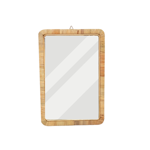 Luxurious modern rectangular hanging <b>mirror</b> featuring a brass rattan woven frame (50x80cm), perfect for bathroom, or decor - Product Image 1
