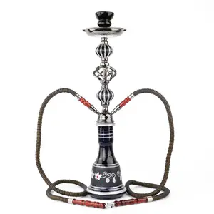 Wholesale luxury 2 hoses hookah shisha set metal glass chicha nargile set medium size flask double pipe sheesha hookah