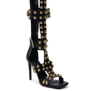 2025 mode tendance femmes <span class=keywords><strong>noir</strong></span> bout carré or goujons sandales à talons aiguilles confortable genou-haut boucle sangles sandales - Product Image 6