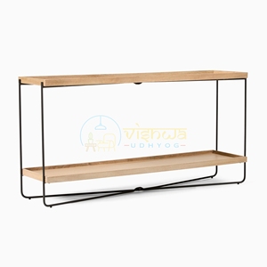 Table console Nova à deux niveaux en bois et métal, table de canapé moderne à cadre ouvert avec pieds en fer et étagère de rangement, meuble de rangement moderne pour entrée - Product Image 2