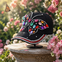 Casquette de baseball personnalisée en gros avec applique papillon en strass, 6 panneaux, visière incurvée, fournisseur OEM ODM, fabricant, usine en gros, nouveauté