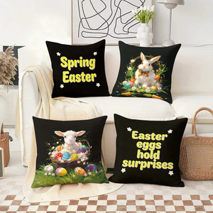 Coussins décoratifs de Pâques avec des lapins, des agneaux et des œufs colorés, avec des messages festifs sur fond noir - Product Image 2