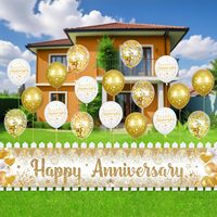 Dekorasi Ulang Tahun Pernikahan - Latar Belakang Emas Putih dan Perlengkapan Balon Konfeti untuk Pesta Ulang Tahun Pernikahan