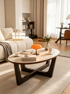 Mesa de Centro Ovalada de Madera de Nogal Macizo, Diseño Minimalista con Estructura Hueca Entrelazada, para Sala de Estar - Product Image 4