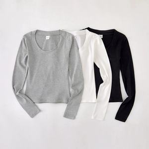 <b>Women's</b> 2025 Autumn Vintage Casual Chic T-Shirt Solid <b>Pattern</b> U-Neck Knitted Long-Sleeved Inner <b>Tight</b> Breathable Short Top - Product Image 1