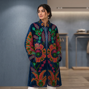 Manteau long en velours Suzani brodé à la main pour femme, bleu roi, motif floral Paisley, veste longue ouverte sur le devant, robe kimono, style bohème, hiver - Product Image 1