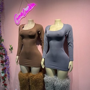 Abito Sexy da Donna Autunnale a Coste con Collo Tondo Modellante Tinta Unita Manica Lunga Aderente Mini Abito per Feste e Club - Product Image 2