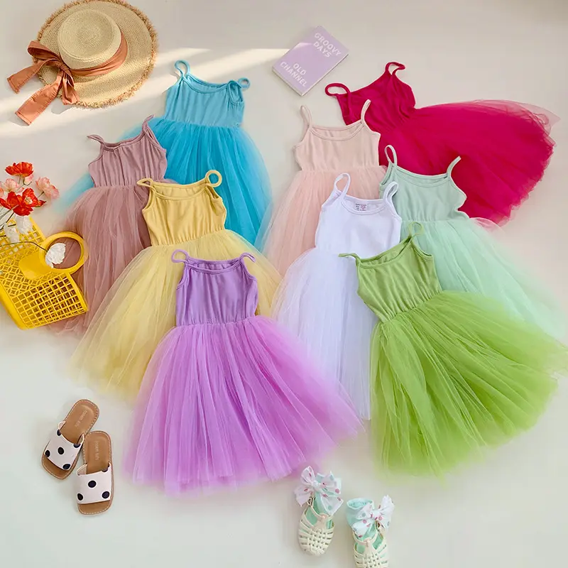 Colorful Casual Dress for Baby Girls Solid Cotton Mesh Tutu Dress Boutique Gallus Mini Dress