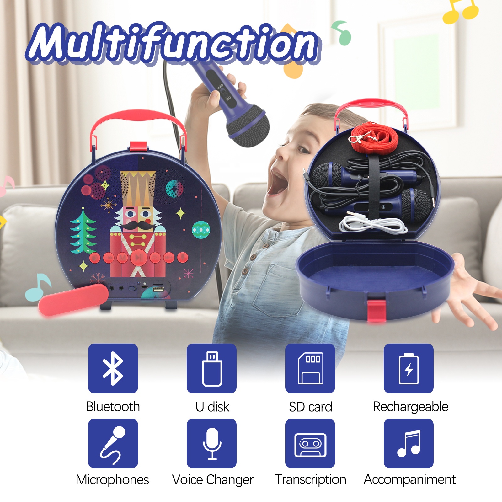 Портативная Игрушка OEM, детская Колонка для караоке и пения С 2 микрофонами и регулируемым ремешком, музыкальный комплект-розово-красный