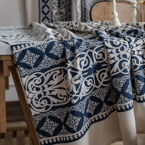 Customized Dustproof Floral Pattern Nordic Style Cotton Linen Tablecloth Printed Blue White Porcelain Vintage For - Product Image 6