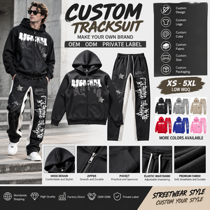 Conjunto de Sudadera con Capucha y Pantalones Deportivos para Hombre, Estilo Urbano, con Parche de Estrella Personalizado, Sudadera con Cierre y Estampado Gráfico, Venta al Por Mayor - Product Image 1