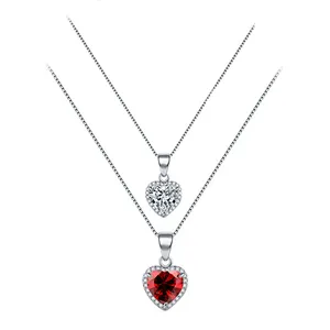 Nouveautés rubis bijoux femmes personnalisé amour pendentif colliers 925 argent sterling coeur rouge collier CZ clavicule chaîne