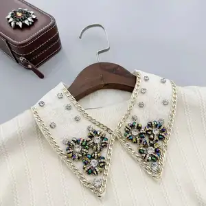 Cuello de camisa falso de mezclilla con solapa de diamantes de imitación Cuello de camisa desmontable falso para mujer