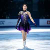Costume de patinage artistique violet et noir dégradé, robe en maille à manches longues avec strass pour filles adultes, compétition et performance