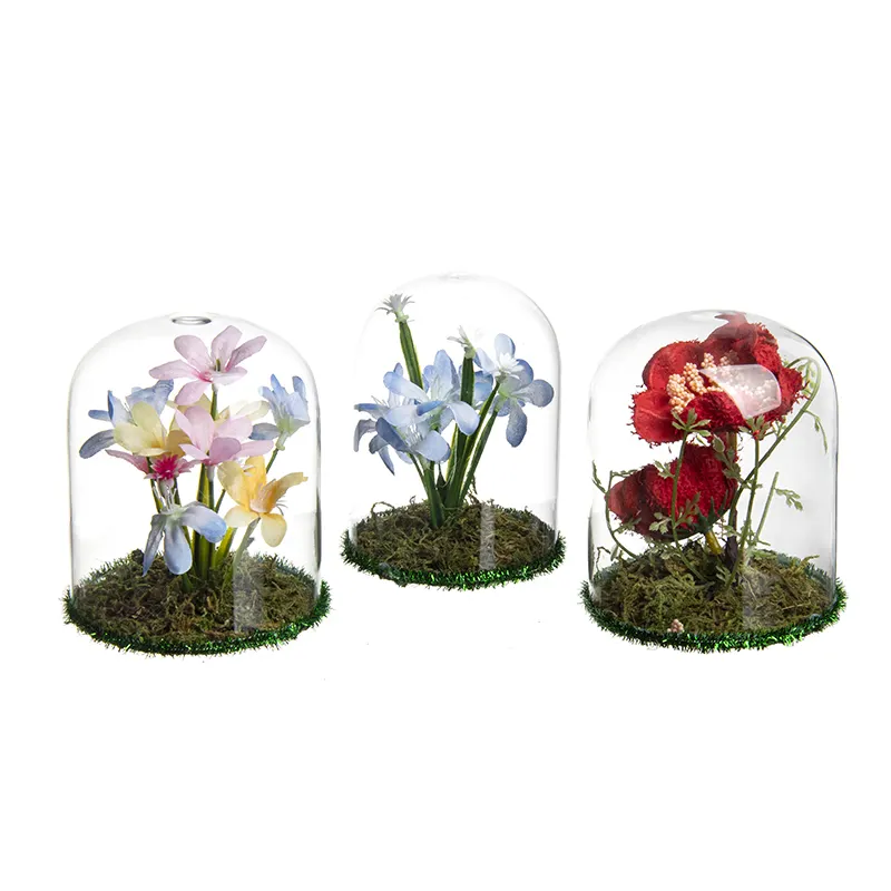 Ornaments High Quality Flower Ornaments Birthday Gift Led Light Glass Bell Jar With Wood Base For Home Decoration