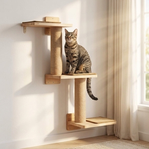 Escalier mural pour chat à 2 niveaux en bois naturel, durable, motif solide, avec tapis en sisal remplaçable, marches de observation, mobilier pour animaux de compagnie peu encombrant - Product Image 6