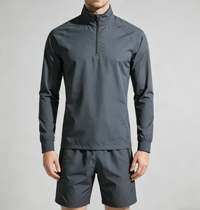 Conjunto Deportivo para Hombre, Camiseta de Manga Larga <span class=keywords><strong>y</strong></span> Pantalones Cortos, Diseño Sólido Personalizado, con Cierre de Media Cremallera, Secado Rápido, Transpirable, para Gimnasio <span class=keywords><strong>y</strong></span> Running, Verano - Product Image 2