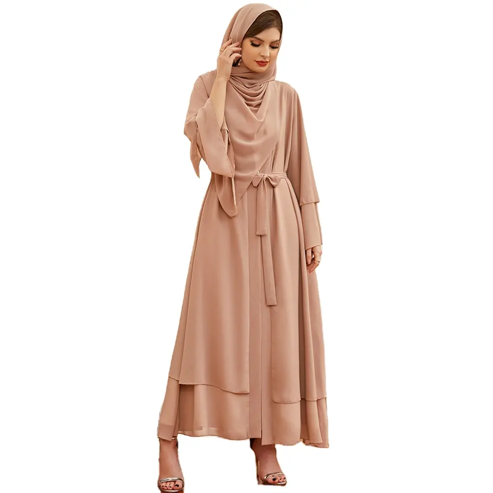 Vestido musulmán de gasa de doble capa, abaya abierta de Dubái, caqui, hijab