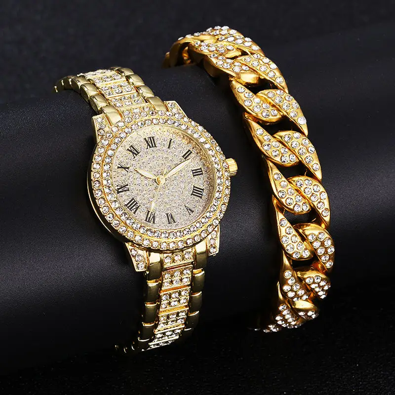 Luxury Full Crystal Diamond Watches Bracelet Set Men Women Relojes Para Mujer Fashion Gold Steel Belt Wrist Watch