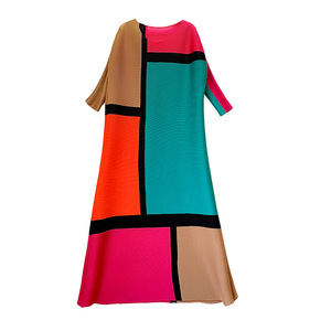 Summer Contrast <strong>Color</strong> Pleated Women's Clothing 2026 Loose Large Size Geometric <strong>Color</strong> Matching Print A-line Long Women's <strong>Dress</strong> - Product Image 6