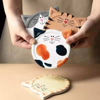 Sous-verre rond en bois et liège personnalisé, en céramique, en forme de chat de dessin animé mignon et créatif, pour la décoration de table à la maison
