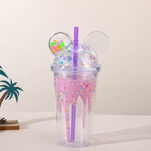 450ml Cute Drip Ice Cream Print Double Wall <b>Plastic</b> Tumbler with Mickey Ear Dome Lid Multicolor Confetti Glitter - Product Image 1