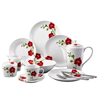 Service de table en porcelaine de 47 pièces, comprenant assiettes, théière, bols, sucrier et tasses avec soucoupes, décoré