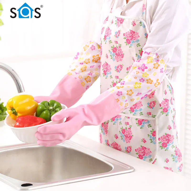 กันน้ำล้างจานบ้านห้องครัวทำความสะอาดยืดหยุ่นเรียงรายมืออุ่นข้อศอกยาวยางถุงมือที่ใช้ในครัวเรือน