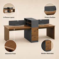 Bureau de travail ouvert élégant et minimaliste à quatre postes, avec cloisons, grand volume, en panneaux de particules mélaminés, pour l'exportation