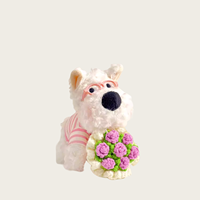 Porte-clés en peluche chien blanc mignon Kawaii avec lunettes roses, chemise rayée et bouquet de fleurs pour sac à dos