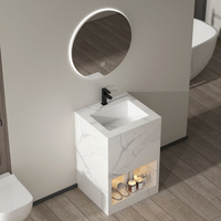 Rak Penyimpanan Kabinet Kamar Mandi dengan Wastafel Terintegrasi Batu Buatan, Cermin Sensor LED, dan Model Berdiri di Lantai