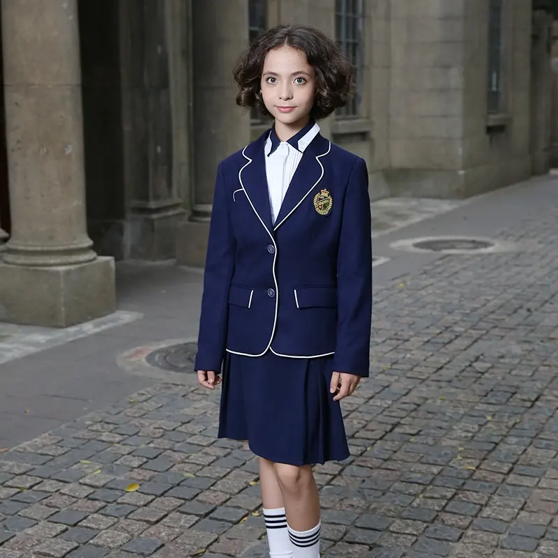 OEM индивидуальный дизайн, темно-синяя хлопковая школьная повседневная одежда для девочек, Блейзер, пальто, костюм, униформа для детей