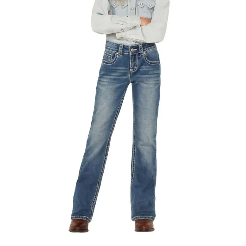 Celana Jeans anak perempuan, celana Denim anak perempuan pinggang tinggi, celana Jeans lurus elastis untuk anak-anak