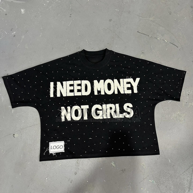 ODM Factory Slogan Streetwear Men's Graphic Oversized 100% Cotton Rhinestone Applique Craft T-shirt Men High Quality