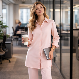 Set <span class=keywords><strong>Due</strong></span> Pezzi Personalizzato da Donna in Misto Lino e Cotone Rosa Pallido con Camicia con Colletto e Bottoni, Maniche con Polsini e Pantaloni a Gamba Dritta - Product Image 5