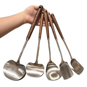 Juego de Espátulas de Cocina de Acero Inoxidable 304 y Madera de Nogal, 5 Piezas, Utensilios de Cocina, Herramientas para Saltear - Product Image 5