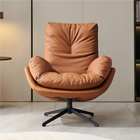 Fauteuil pivotant de salon en cuir brun de luxe moderne, fauteuil simple à dossier haut avec pouf