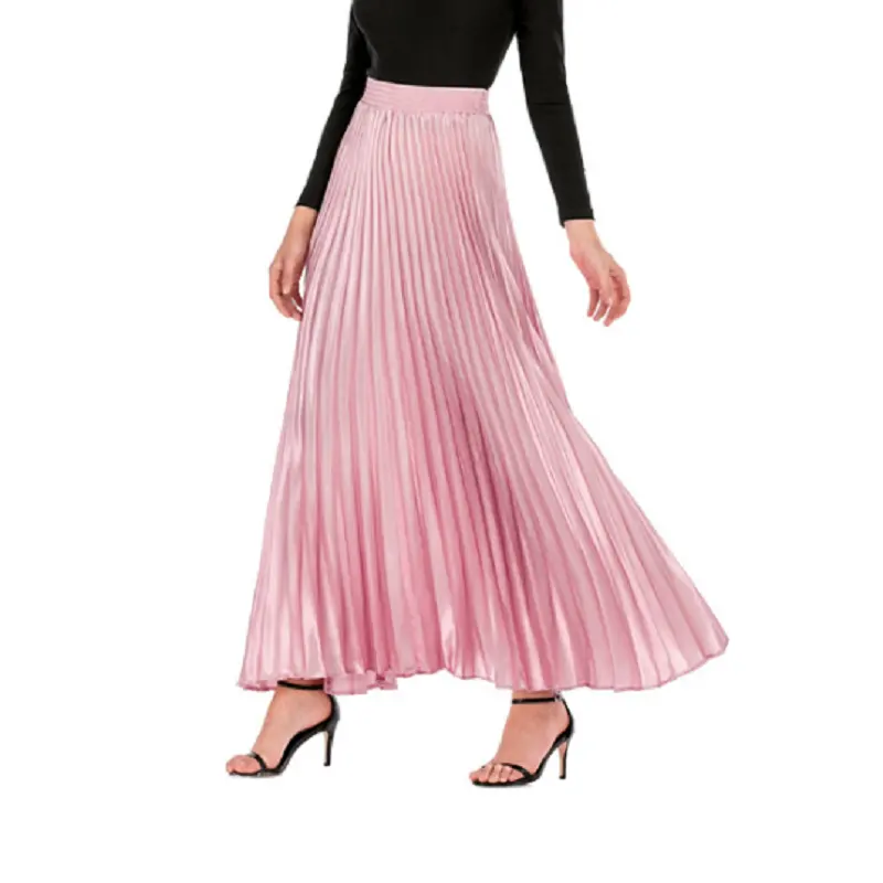 103-105cm Women New Casual Spring Summer Ladies Maxi Skirt Retro Women Long Skirt Fashion Elegant Shiny Style Pleated Skirt