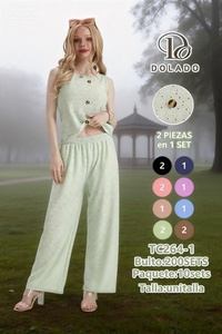 Completo da donna Lily & Rose in maglia a pois, top con scollo all'americana e pantaloni lunghi, traspirante, vestibilità ampia, per l'abbigliamento casual estivo - Product Image 3