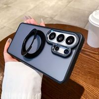 Coque de téléphone magnétique translucide givrée pour iPhone et Samsung avec support anneau rotatif à 360°, cadre métallique pour appareil photo, protection antichute