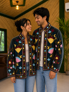 Chaqueta Bomber Unisex de Terciopelo Bordada |   Abrigo de Moda Floral Artesanal de Primera Calidad |   Forro de Algodón Estilo Boho Otoño/Invierno - Product Image 1