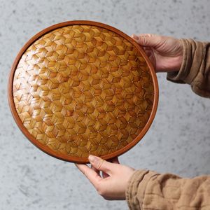 Handmade Bamboo Woven Serving Tray Herringbone Pattern Round For Snacks Fruits Pastries Household Desktop Use - Product Image 4