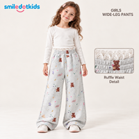Smiledotkids Pantalon de survêtement personnalisé pour enfants, coupe large, gris, imprimé ours et nœud, taille à cordon de serrage, doux, OEM ODM, pour petites filles, vente en gros