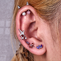 Piercing Labret en Titane ASTM F136 G23 à Filetage Interne avec Double Étoile à Quatre Branches en Zircon Cubique pour Tragus, Cartilage, Hélix, Conch, Lèvre