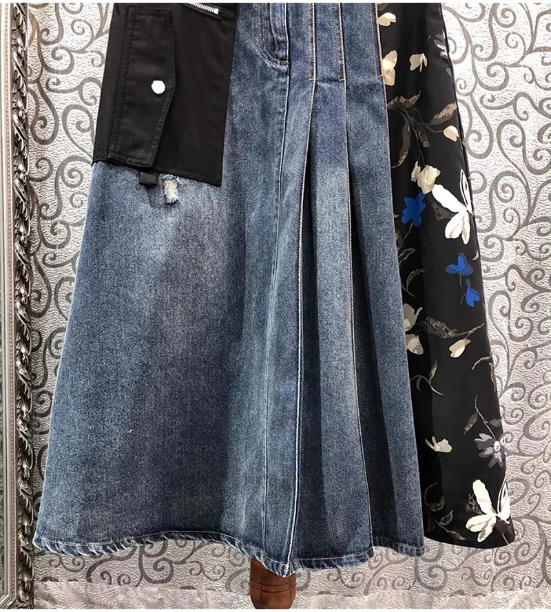 Top qualité nouveau Denim longue jupe 2024 printemps été concepteur mode femmes Vintage imprime Patchwork décontracté long jean jupes
