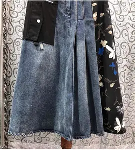 Top Quality New Denim Long Skirt 2024 Spring Summer Designer Fashion Women Vintage Prints Patchwork Casual Long Jeans Skirts