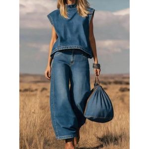 Ensemble en jean VOIKERDR personnalisé 2026 pour femme – Haut sans manches et jean large vintage Y2K – Tenue streetwear 100 % coton lavable avec poches - Product Image 2